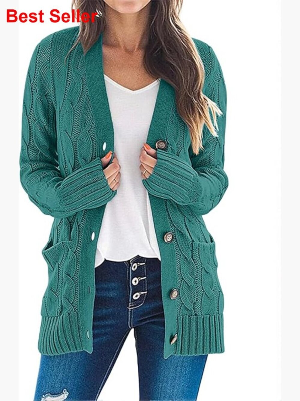 Cable Knit Cardigan Sweater Long Sleeve Open Front Button Down